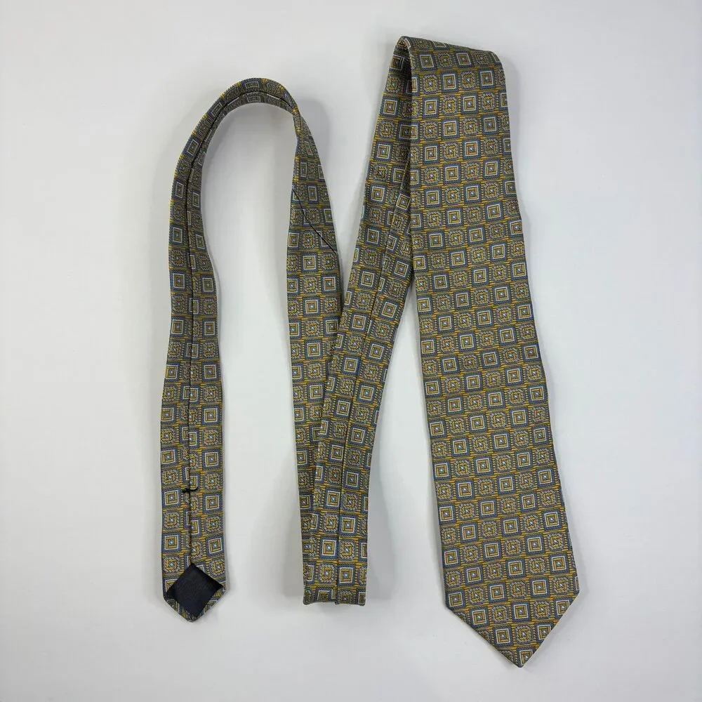 Brooks Brothers Silk Tie yellow blue, Makers And Merchants, geometric, vintage